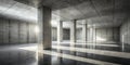 Sunlit modern concrete hallway with reflective floor and square pillars. Generative AI Royalty Free Stock Photo