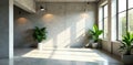 Sunlit modern interior design with minimalist greenery and concrete walls. Generative AI Royalty Free Stock Photo