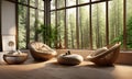 Sunlit modern living room with braided furniture and pebble coffee table