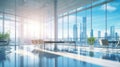 Sunlit modern office interior with urban skyline. Concept of professional workplace, corporate design, and city business