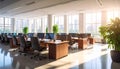 Sunlit Office Space with Desks, Computers, and Large Windows modern office chairs Royalty Free Stock Photo