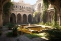 sunlit monastery courtyard with tranquil water feature