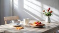 Sunlit morning table setting with tea, pastry, and fruit. Generative AI Royalty Free Stock Photo
