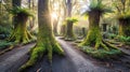 Sunlit moss-covered forest path, ferns, sunrise Royalty Free Stock Photo