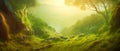 Sunlit mossy hills with trees in a dreamy forest landscape Royalty Free Stock Photo