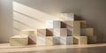 Sunlit neutral cubes arranged in a modern geometric pattern on light wood floor. Generative AI Royalty Free Stock Photo