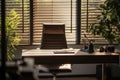 Sunlit office oasis chiefs workplace, table, chair, and open blinds