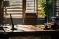 Sunlit office oasis chiefs workplace, table, chair, and open blinds