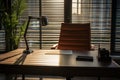 Sunlit office oasis chiefs workplace, table, chair, and open blinds