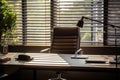 Sunlit office oasis chiefs workplace, table, chair, and open blinds