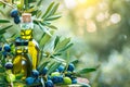 Sunlit olive oil bottles amidst olive field, leaves, and fruits in rural setting with copy space