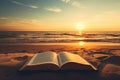 Sunlit Open Book at the Beach: Concept for Relaxing Travel Reading, Seaside Holiday Leisure, and Summer Day Education. Generative