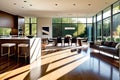 A Sunlit Open House Interior - Angled Shadows Casting Geometric Patterns on a Polished Hardwood Floor