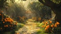 Sunlit Orange Grove Path Leading to Cottage Royalty Free Stock Photo