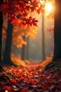 Sunlit orange and red leaves, soft focus forest scene , November, October Royalty Free Stock Photo