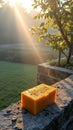 Sunlit orange soap on stone wall at sunrise in garden setting Royalty Free Stock Photo