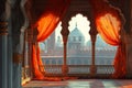 Sunlit Ornate Archways with Flowing Orange Drapes in a Traditional Palace