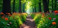 Sunlit Path Through a Forest Flourishing with May Flowers A serene forest path illuminated by dappled sunlight filtering through Royalty Free Stock Photo