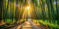 Sunlit path through a lush bamboo forest at dawn. Generative AI Royalty Free Stock Photo