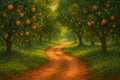 Sunlit Path Through the Orange Grove AI-GENERATED Royalty Free Stock Photo
