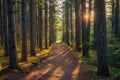 Sunlit path through serene forest with tall pine trees at golden hour Royalty Free Stock Photo