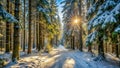 Sunlit path through a snowy coniferous forest on a winter morning. Generative AI Royalty Free Stock Photo
