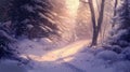 A sunlit path through a snowy winter forest. AI Generated Royalty Free Stock Photo