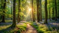 Sunlit path through a spring forest of lush greenery and blooming flowers. Generative AI Royalty Free Stock Photo