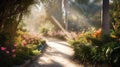 Sunlit Pathway Through The Grove: A Serene Journey Amidst Palm Trees and Vibrant Flowers