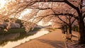 Sunlit pathway lined with blooming cherry blossom trees arching over a calm river during springtime with benches and Royalty Free Stock Photo