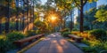 Sunlit pathway in a modern urban park with benches and lush greenery Royalty Free Stock Photo