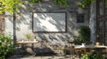 Sunlit patio of a charming cafe with green plants and cobbled flooring inviting a peaceful coffee break.