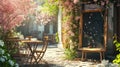 Sunlit patio of a charming cafe with green plants and cobbled flooring inviting a peaceful coffee break.