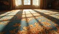 Sunlit patterned rug in blue, beige, features oriental vintage design. Sunlight streams through window creating shadow grid on Royalty Free Stock Photo