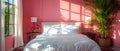 Sunlit Pink Haven: A Minimalist Retreat with Vibrant Tones and Comfy Bed. Concept Minimalist Decor,