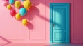 Sunlit Pink wall with Colorful Balloons and Door. Creative concept