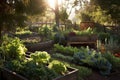 sunlit raised vegetable garden beds with variety of plants Royalty Free Stock Photo