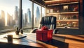 Sunlit Red Gift Box on CEO Chair in Private Office Royalty Free Stock Photo