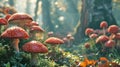 Sunlit red mushrooms in forest. AI generated