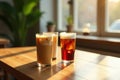 Sunlit refreshments iced coffee variations on a wooden table. Generative AI Royalty Free Stock Photo