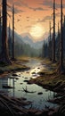 Sunlit River Landscape Sublime Wilderness Illustration