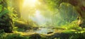 Sunlit river winding through a vibrant, ethereal jungle