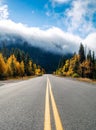 Sunlit road leading to autumn forest and mountains covered with fog Royalty Free Stock Photo