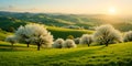 Sunlit Rolling Hills With Blooming White Spring Trees In Bright Peaceful Countryside Landscape Royalty Free Stock Photo
