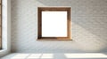 Sunlit room with blank window and white brick wall, ideal for interior design mockups. Generative AI Royalty Free Stock Photo