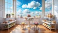 A sunlit room with a breathtaking ocean view showcasing an array of delectable pastries and cakes on elegant display tables. Royalty Free Stock Photo