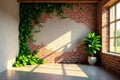 Sunlit room corner with brick wall, greenery, and potted plant. Generative AI Royalty Free Stock Photo