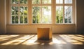 Sunlit Room with Empty Cardboard Box Surrounded by Large Windows and Natural Light Royalty Free Stock Photo
