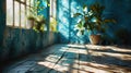 Sunlit room with plants, wooden floor, and blue walls.