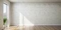 Sunlit room with white brick wall and hardwood floor. Generative AI Royalty Free Stock Photo